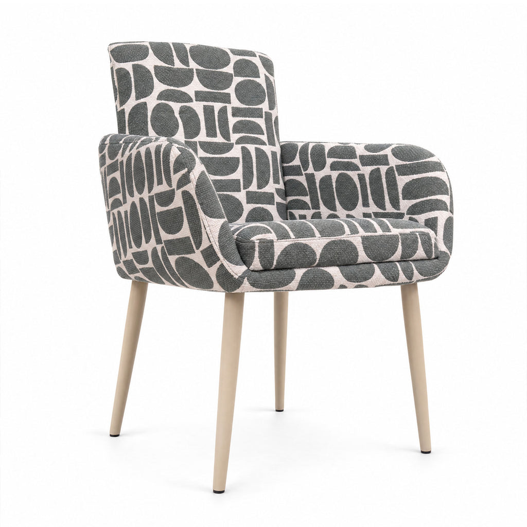 Sloane dining chair with arms in sage and cream geometric pattern boucle fabric with natural wooden legs