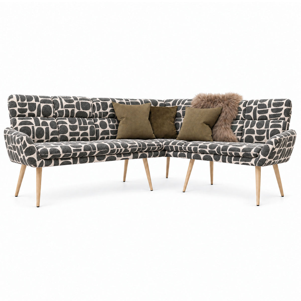 Front view of the Sloane corner bench in sage geometric pattern fabric