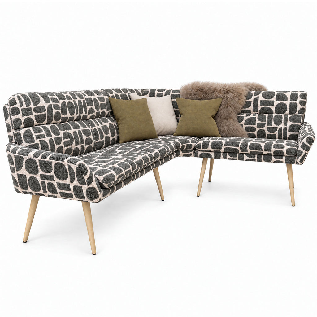 Sloane corner bench in sage geometric pattern fabric shown from the long side