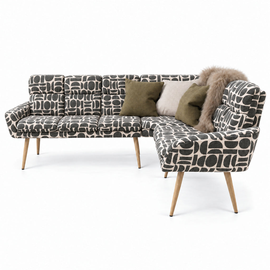 Sloane corner bench in sage and cream geometric pattern boucle fabric with natural wooden legs