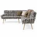 Sloane corner bench in sage and cream geometric pattern boucle fabric with natural wooden legs