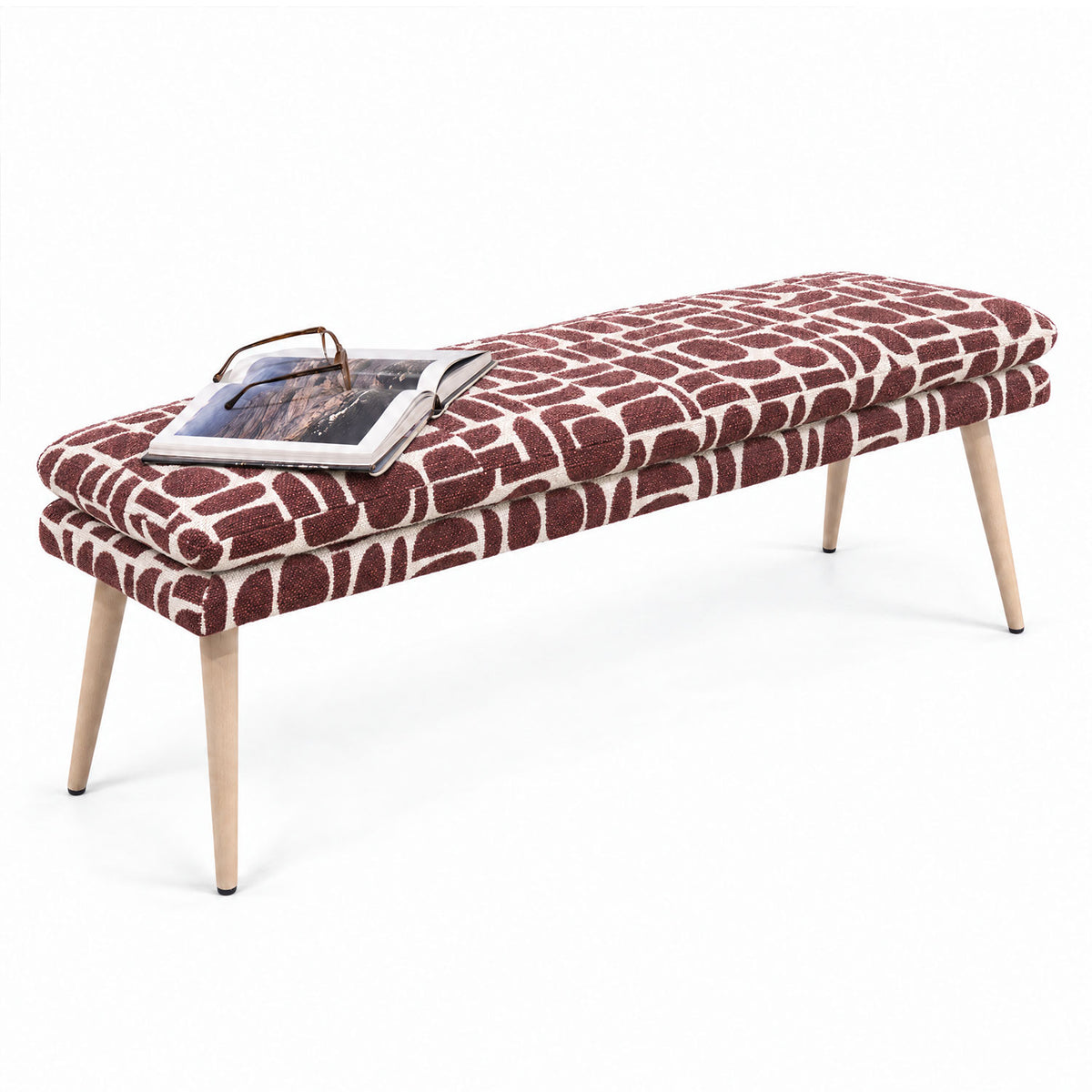 Sloane 140cm flat bench in plum and cream geometric pattern boucle fabric, front view