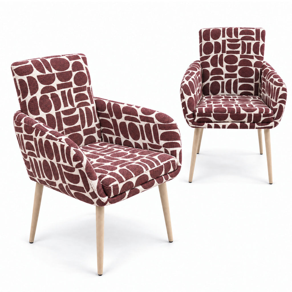 Pair of Sloane dining chairs in plum and cream geometric pattern boucle fabric