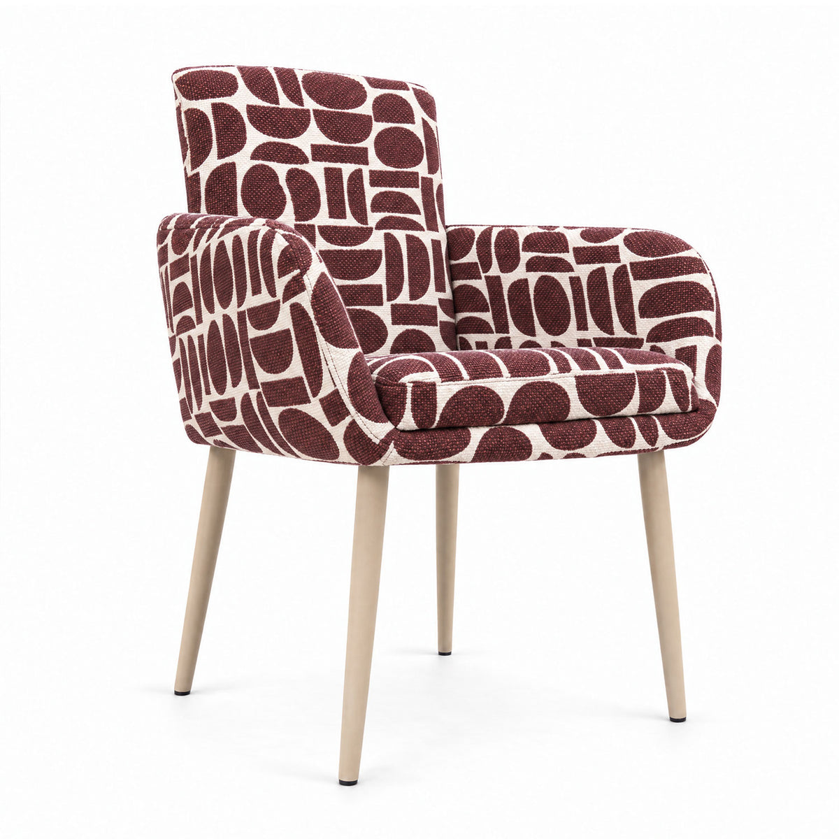 Sloane dining chair with arms in plum geometric pattern fabric with natural wooden legs
