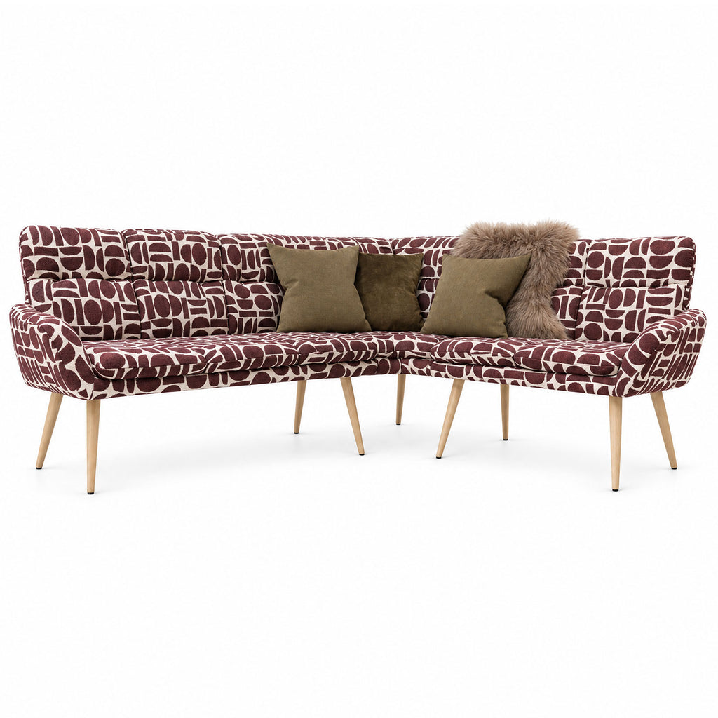 Front view of the Sloane corner bench in plum geometric pattern fabric