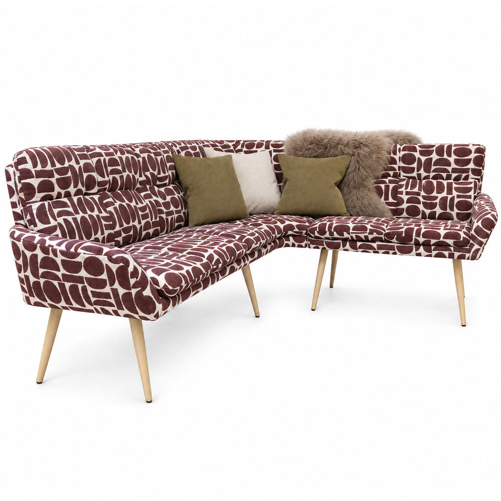 Sloane corner bench in plum geometric pattern fabric shown from the long side