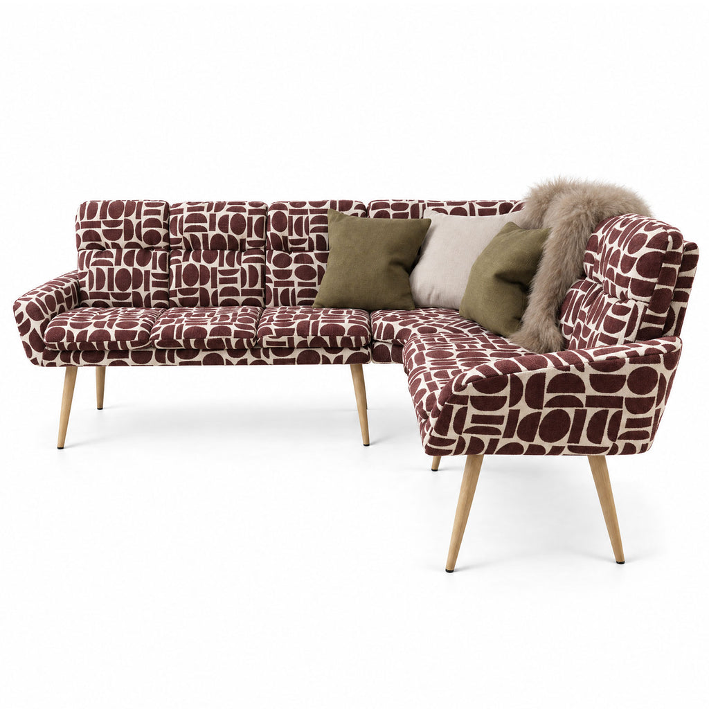 Sloane corner bench in plum and cream geometric pattern boucle fabric with natural wooden legs