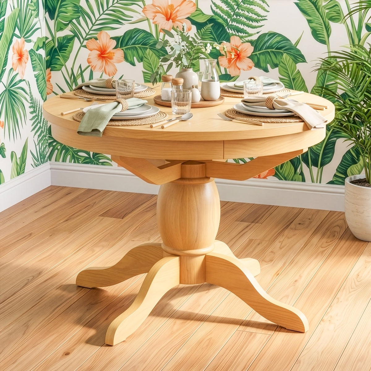 A round pedestal dining table made of light natural wood, styled with plates, glasses, and napkins against a tropical green leaf wallpaper background.