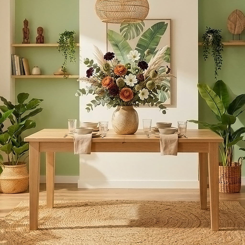 A light natural wood dining table set with plates, folded napkins, and a large floral centerpiece in a vase, styled in a bright room with green walls, plants, shelves, and a woven pendant light.
