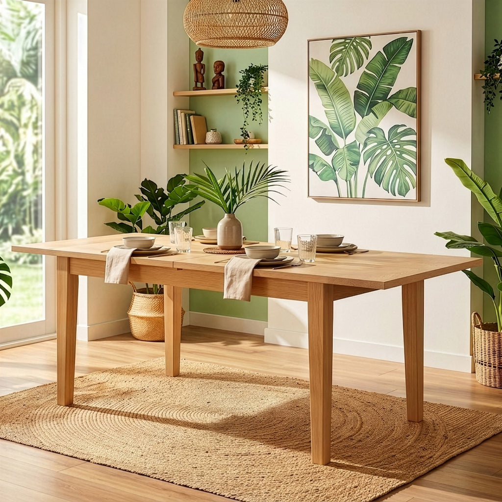 A light natural wood dining table set with plates, folded napkins, and a large floral centerpiece in a vase, styled in a bright room with green walls, plants, shelves, and a woven pendant light.