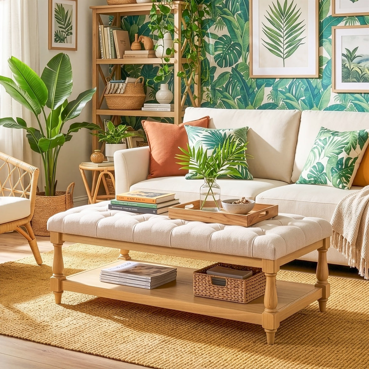 Coffee table with cushioned top in oak finish