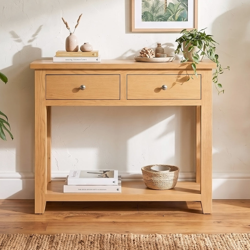 Tavistock console table with two drawers in oak finish