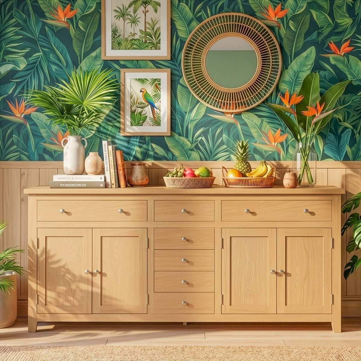 A tropical-themed interior scene featuring a light wood sideboard cabinet against a bold green palm-leaf wallpaper background. The cabinet is styled with books, vases, fruit baskets, and plants, with framed tropical art and a round woven mirror above.