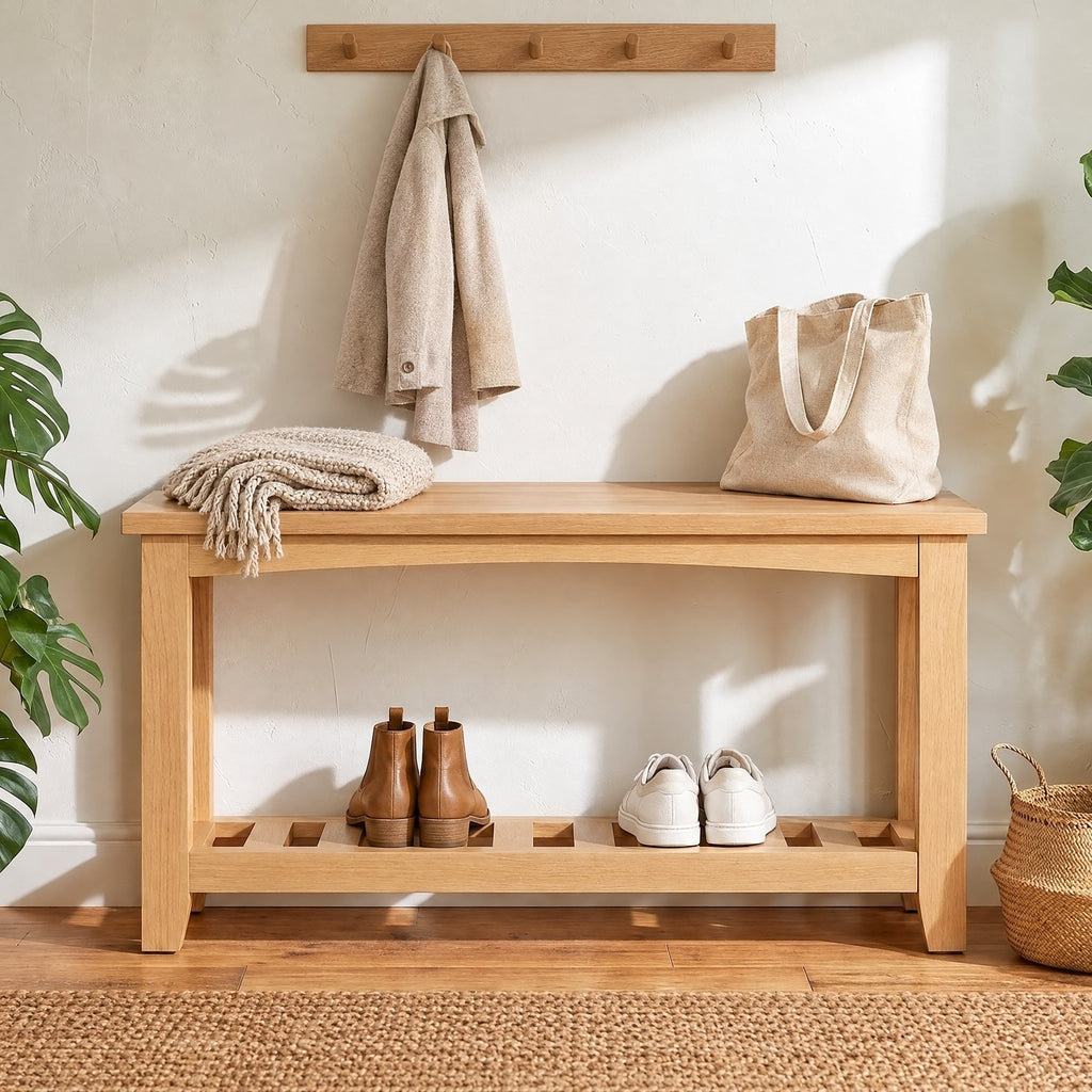 A light natural wood entryway bench with an open lower shelf, styled with a cream throw blanket, a beige tote bag, a pair of brown ankle boots, and white sneakers. The bench is set against a warm off-white wall with a wooden coat rack and shadow details, flanked by green plants.
