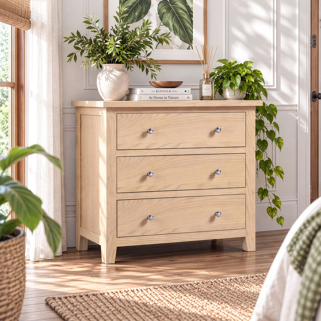 A light oak three-drawer dresser in a bright bedroom setting, styled with potted green plants, books, and a ceramic vase.