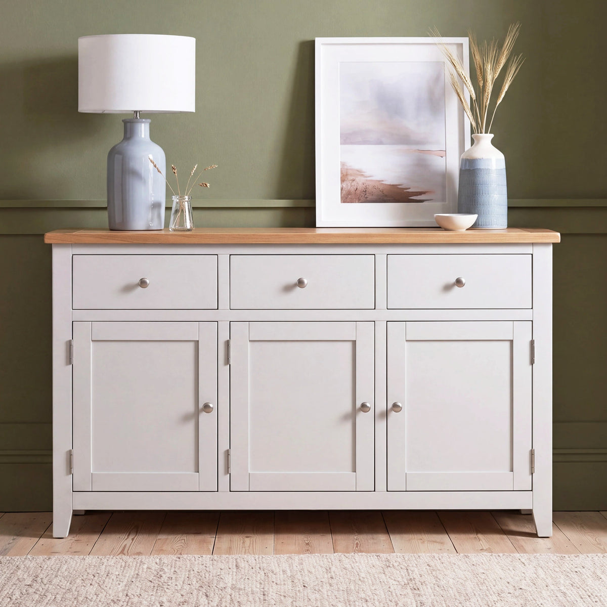 Sideboard with three doors and three drawers in painted finish with oak finish top