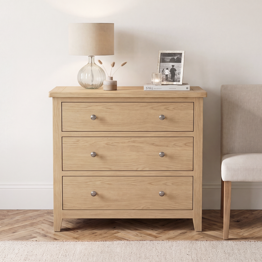A light oak three-drawer chest of drawers with silver knobs, styled in a bedroom setting next to a beige upholstered chair, with a lamp and books on top.