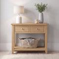 Console table with 2 drawers and a shelf in oak finish with oak finish top.