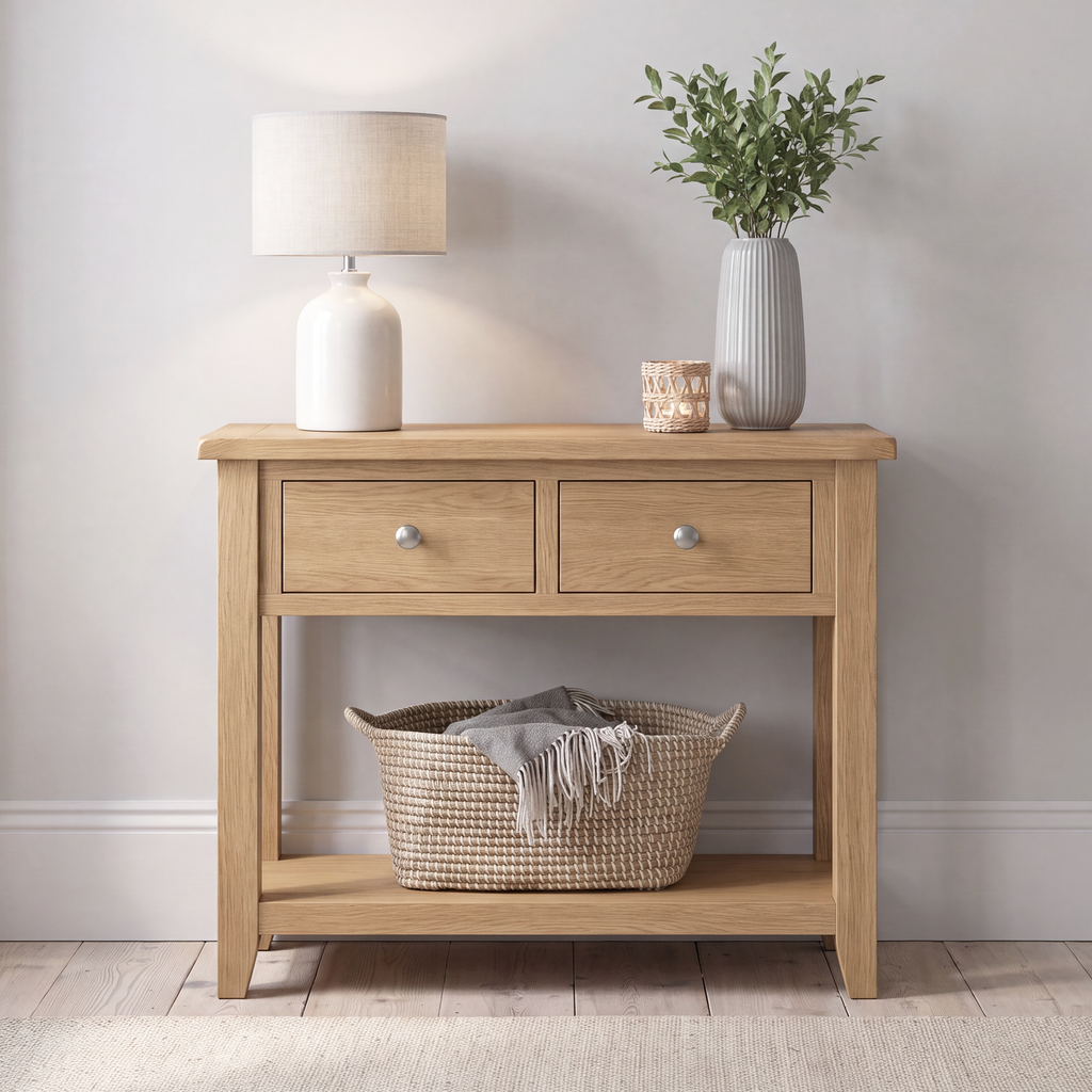 A light oak wood console table with two drawers and an open lower shelf, styled with a white ceramic lamp, a gray vase with greenery, a small candle, and a woven basket on a light wood floor against a neutral wall.