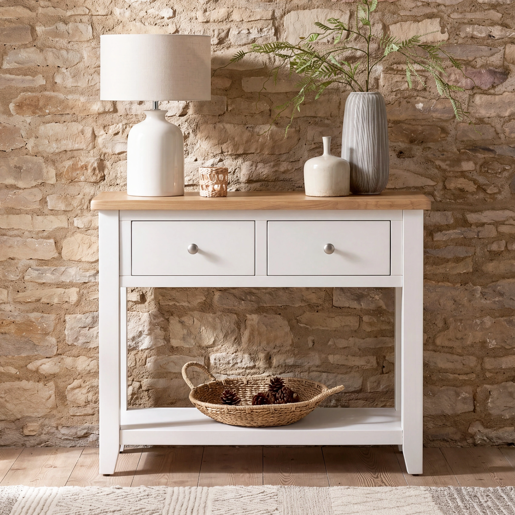 A white console table with a light wood top, two drawers, and an open lower shelf, styled with a table lamp, ceramic vases, and a woven basket in front of a rustic stone wall.