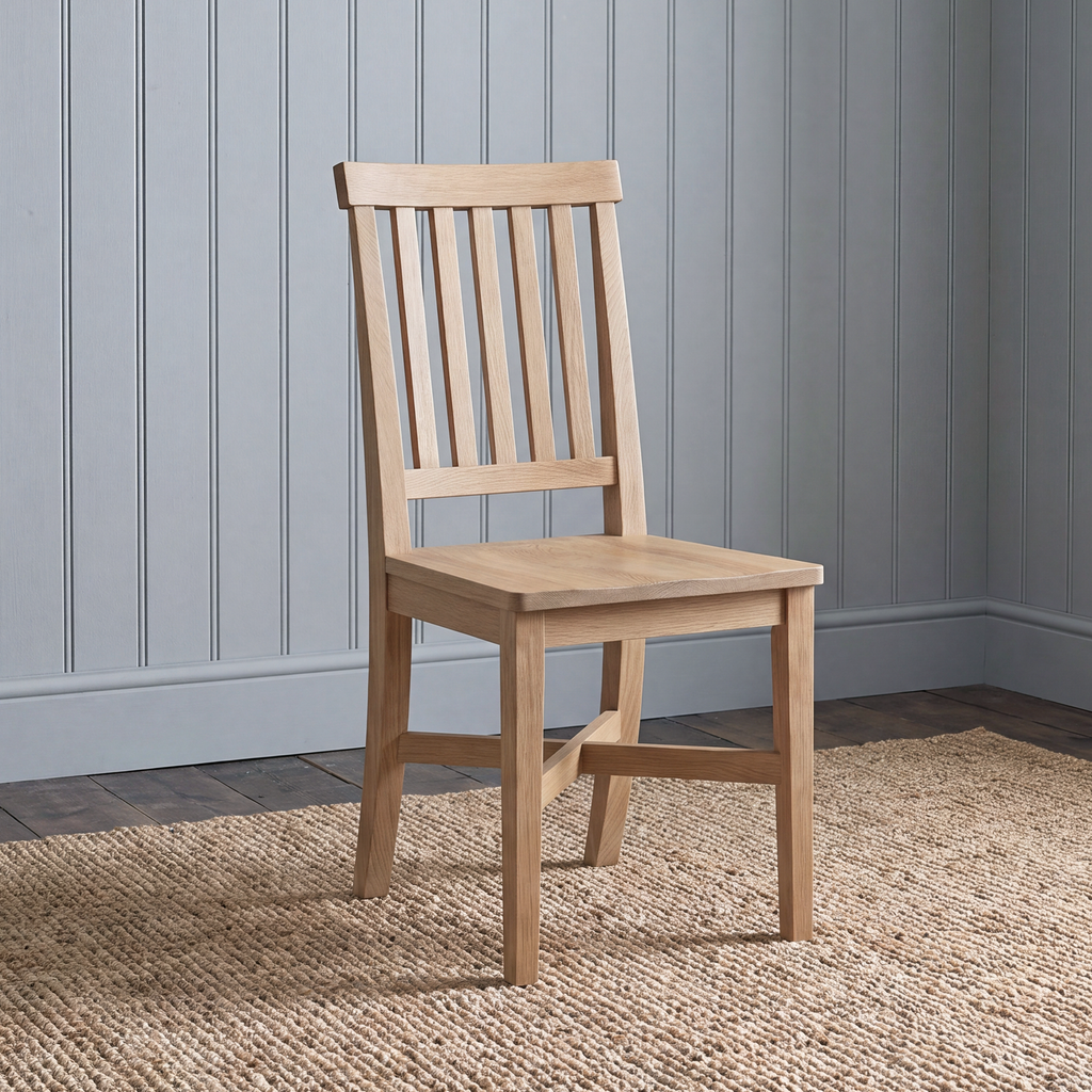 A light natural wood dining chair with a slatted backrest, shown standing on a woven jute rug against a gray paneled wall.