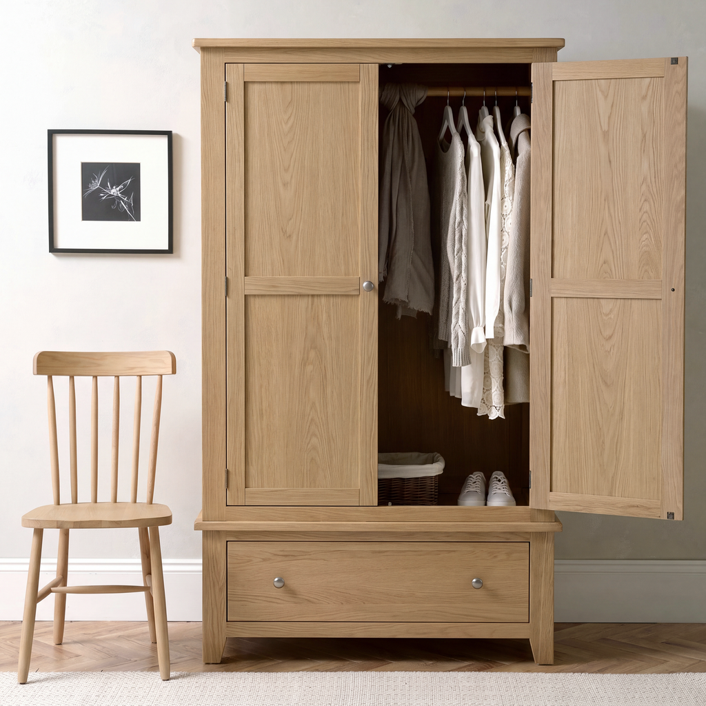 A light oak wood wardrobe with two doors open, showing hanging white and beige shirts, with a bottom drawer. A matching light oak wooden chair sits to the left against a neutral wall with a framed print.