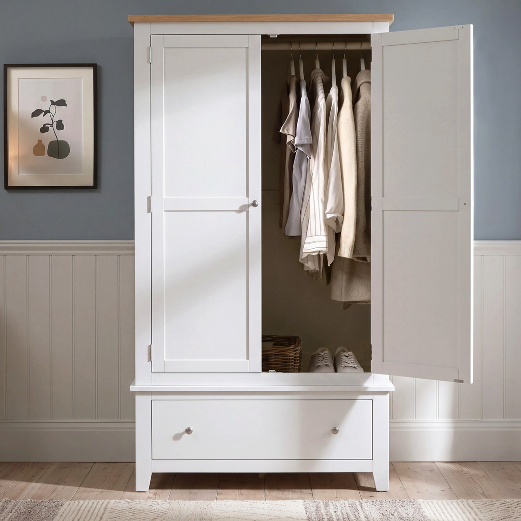 A white wooden three-door wardrobe with a light natural wood top and silver handles, shown open with clothes hanging inside and a single drawer at the bottom, set against a blue-gray wall with white wainscoting.