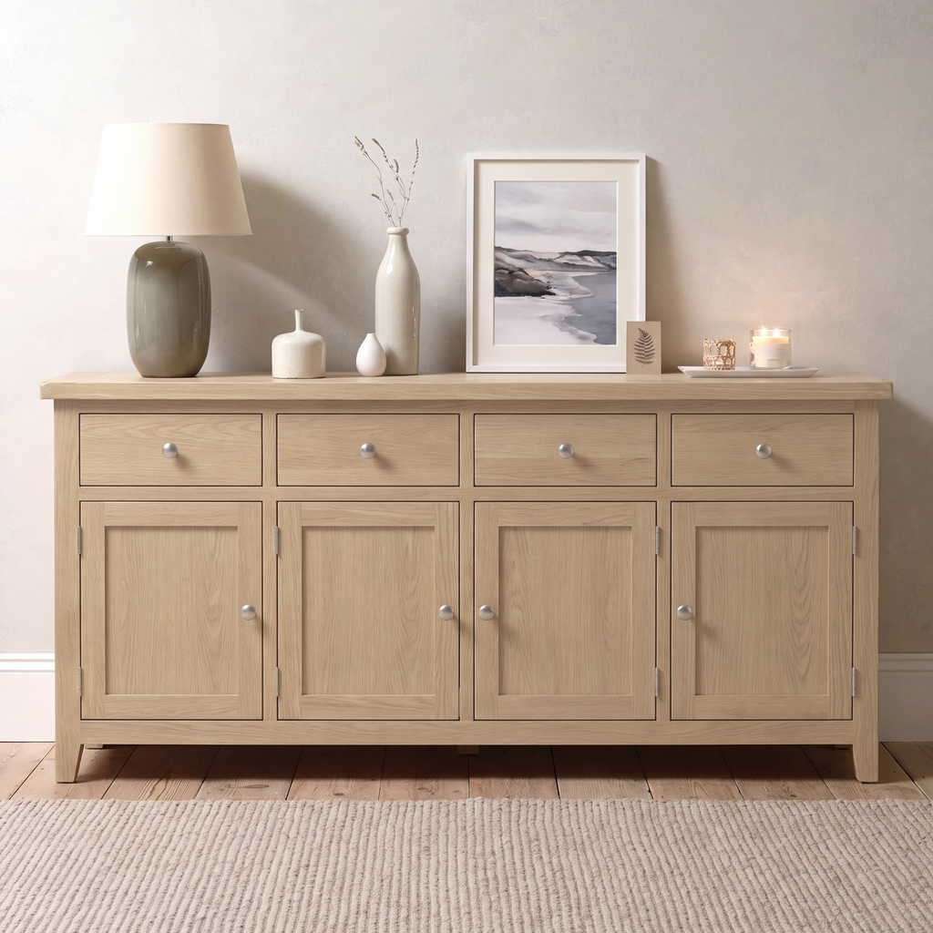 A light oak wood sideboard cabinet with six drawers and four doors, styled with a lamp, vases, a framed print, and candles against a neutral beige wall.