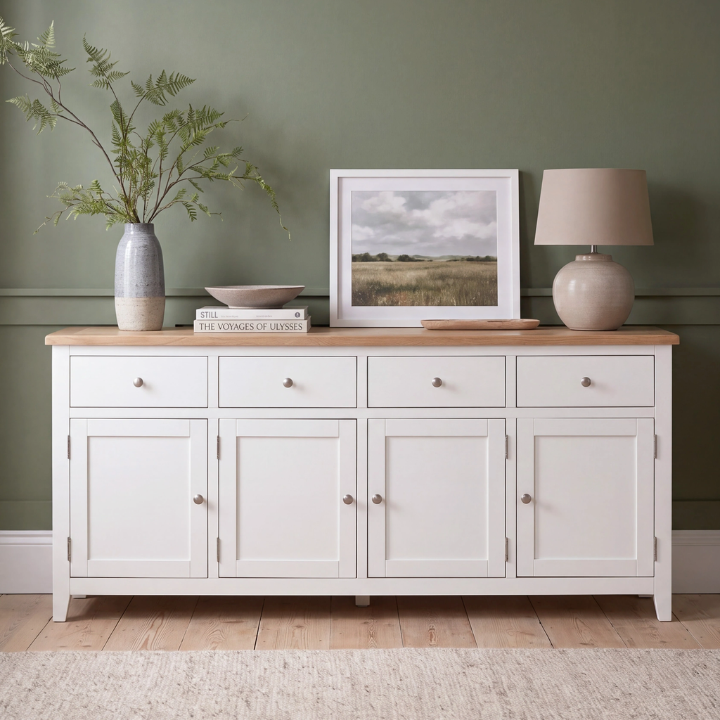 A white wooden sideboard with a light oak top, styled in a room setting with a vase of greenery, a framed landscape print, books, and a table lamp against a sage green wall.