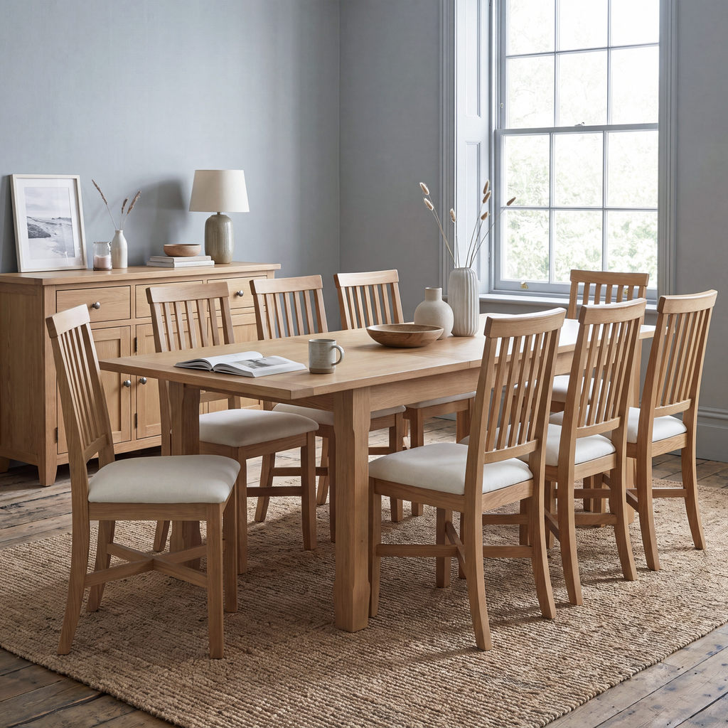 A light oak dining table set with eight matching slatted-back chairs featuring cream upholstered seats, styled in a bright dining room with a sideboard, window, and woven rug.