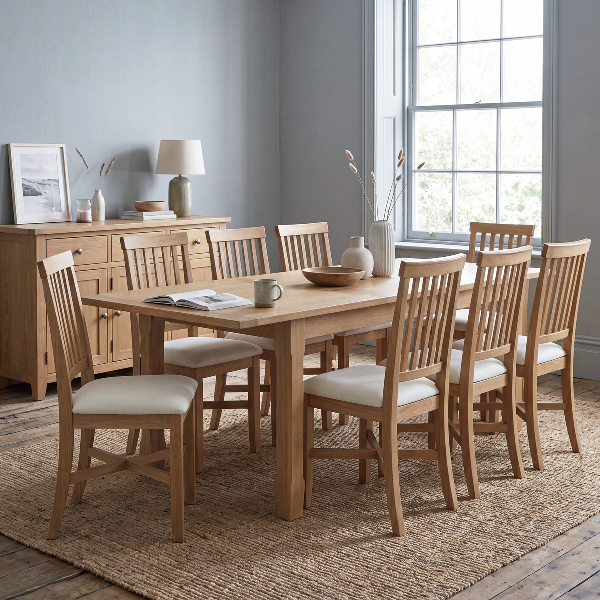 A light oak dining table set with eight matching slatted-back chairs featuring cream upholstered seats, styled in a bright dining room with a sideboard, window, and woven rug.