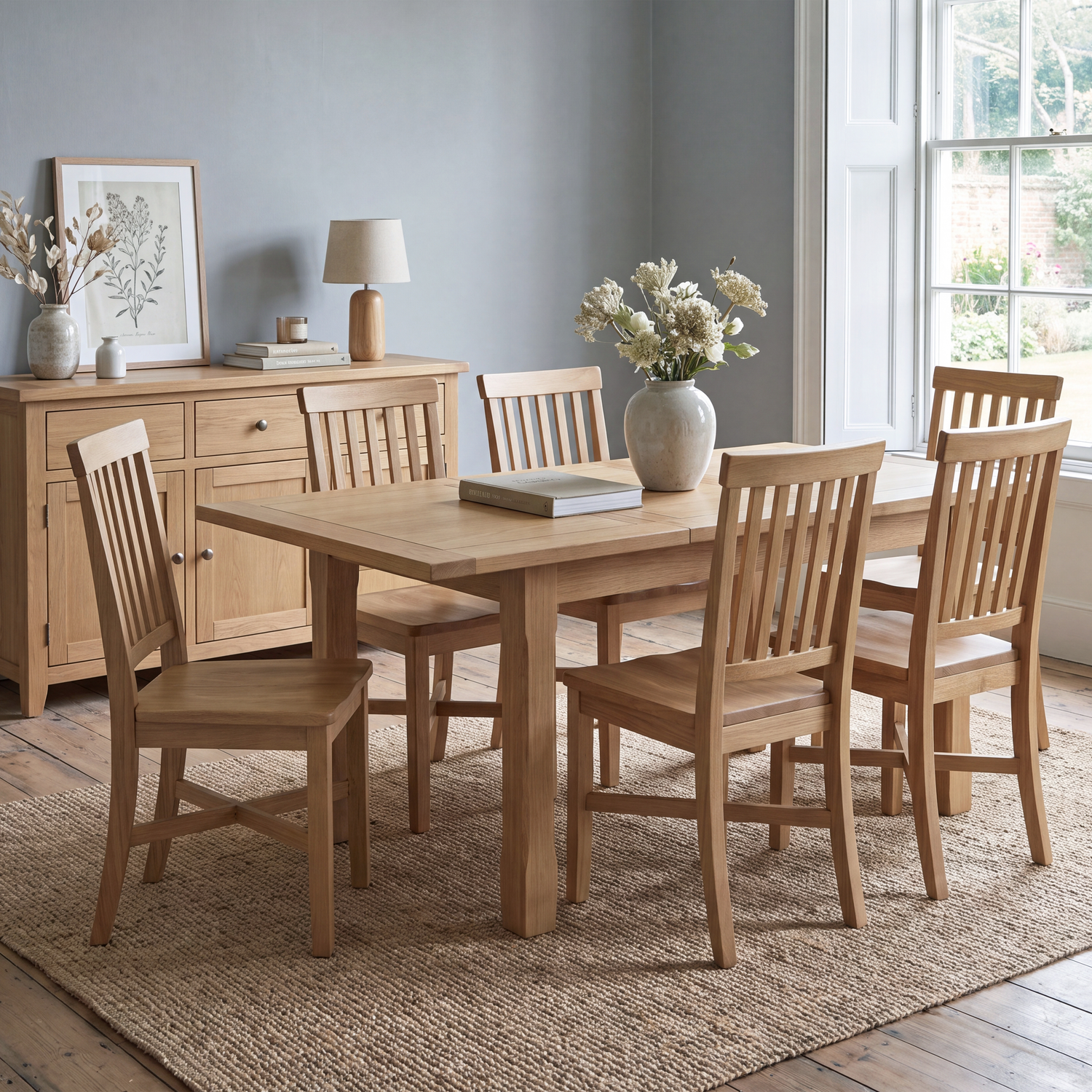 A light natural oak dining set consisting of a rectangular table and six matching slatted-back chairs, styled in a bright dining room next to a matching wooden sideboard.