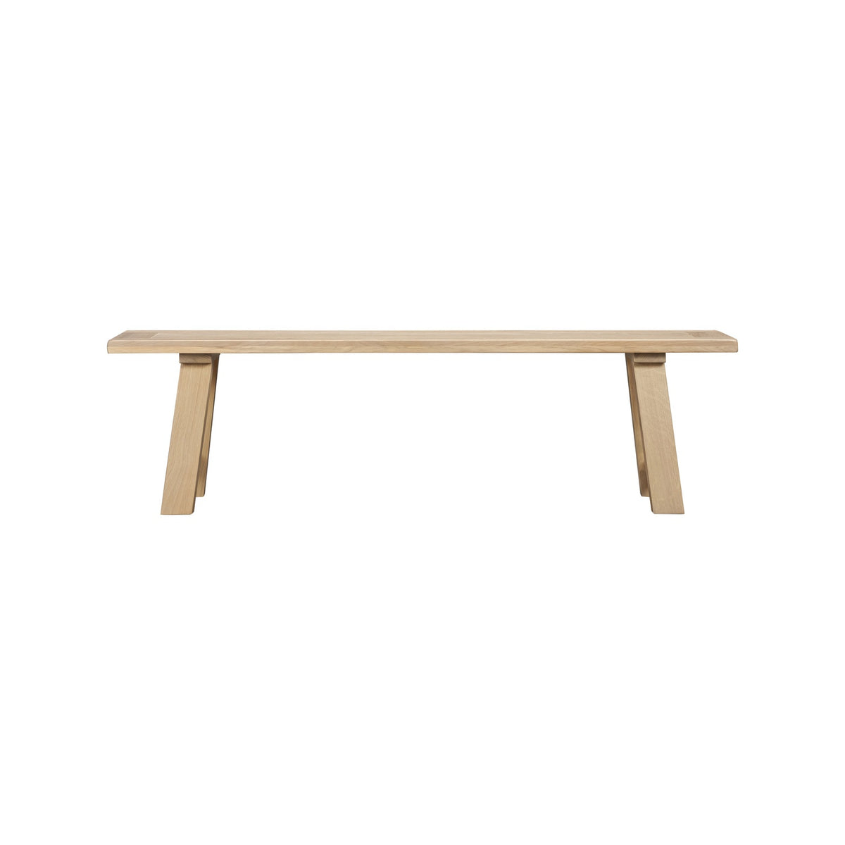 A minimalist light oak wood bench with a rectangular seat and two angled A-style legs, shown against a solid white background.