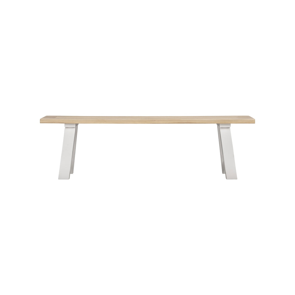 A minimalist bench with a light natural wood seat and white metal legs, shown against a solid white background.