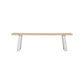A minimalist bench with a light natural wood seat and white metal legs, shown against a solid white background.
