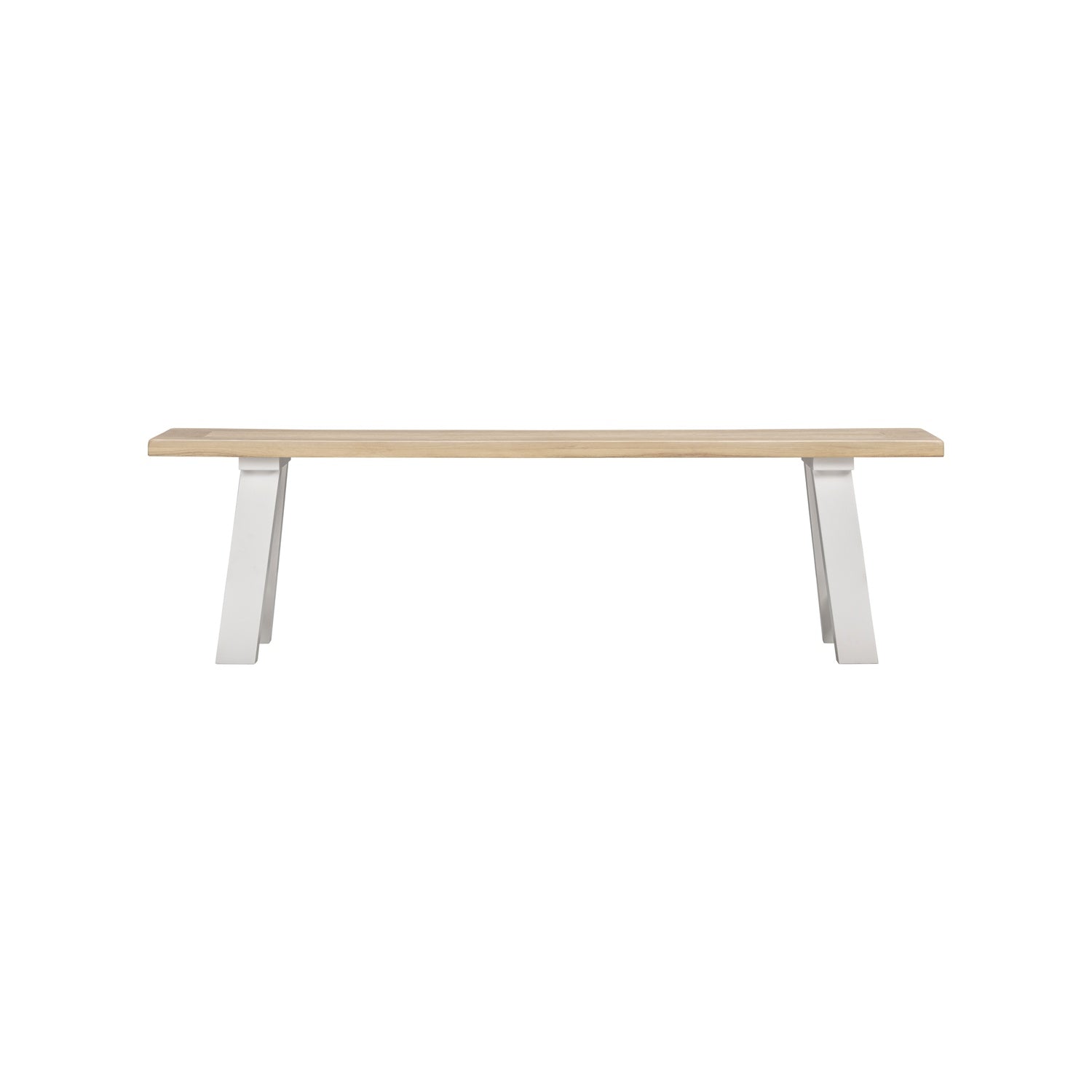 A minimalist bench with a light natural wood seat and white metal legs, shown against a solid white background.