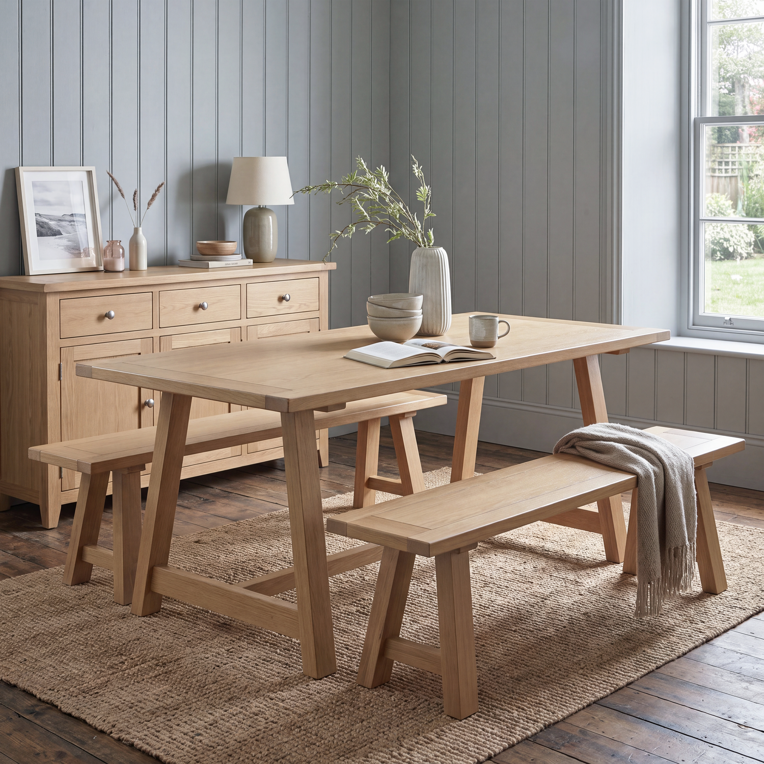 A light natural oak dining set featuring a rectangular table, two matching bench stools, and a tall side credenza, styled in a bright room with gray paneled walls, a window, and a woven jute rug.