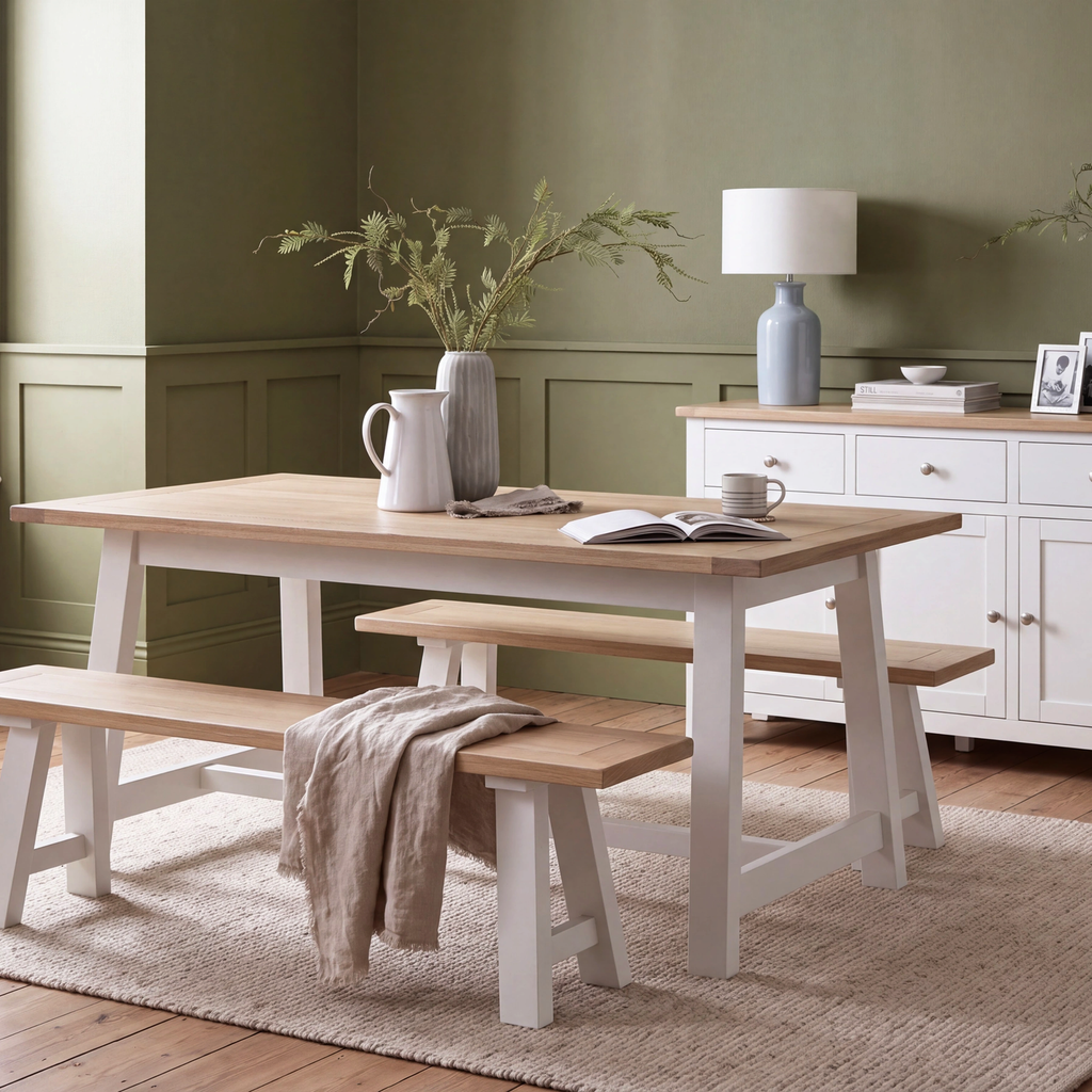 A light oak dining table with white painted trestle-style legs, accompanied by matching wooden benches, set in a styled dining room with green walls, a white sideboard, and a beige rug.