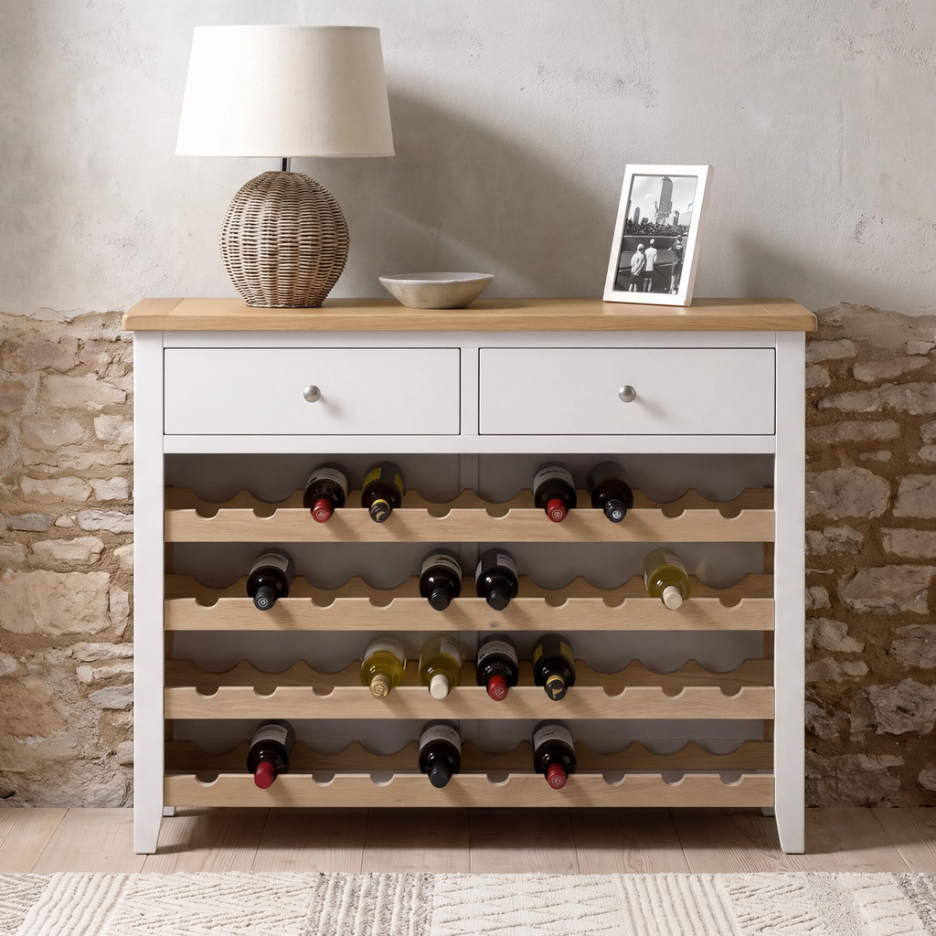 A white and light wood sideboard cabinet with two drawers and a wine rack, styled with a lamp, bowl, and framed photo against a textured stone wall.