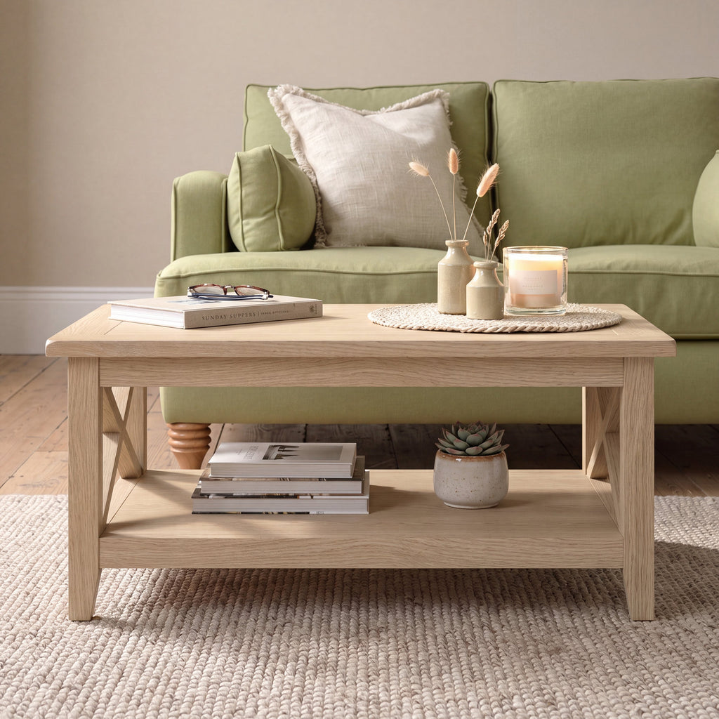 Tetbury x leg coffee table with shelf in natural oak finish