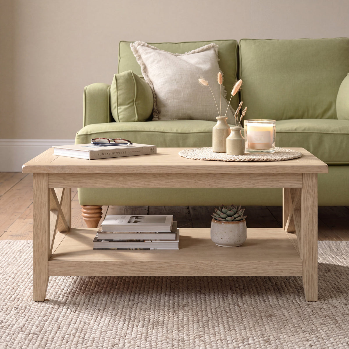 Tetbury x leg coffee table with shelf in natural oak finish