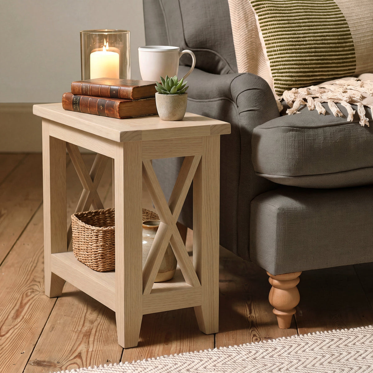 Natural oak side table with x leg design