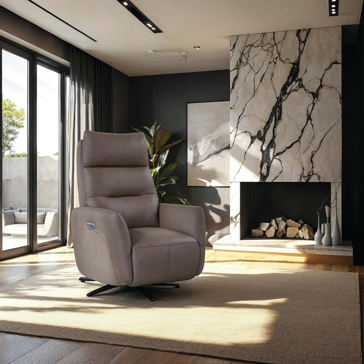 A modern taupe upholstered recliner chair with a black swivel base, placed in a stylish contemporary living room with a marble fireplace, large windows, and a beige rug.