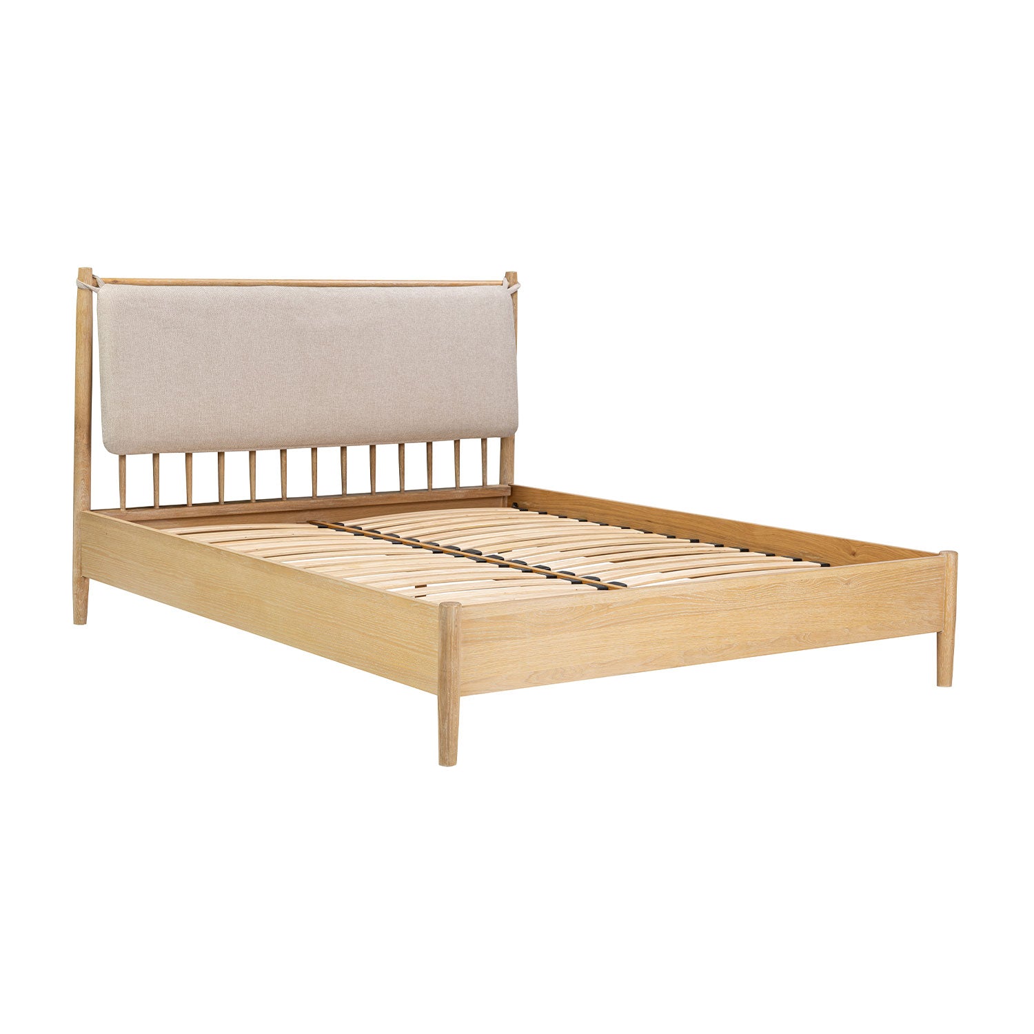A light natural wood platform bed frame with a tall upholstered headboard in a warm beige fabric, shown on a plain white background.