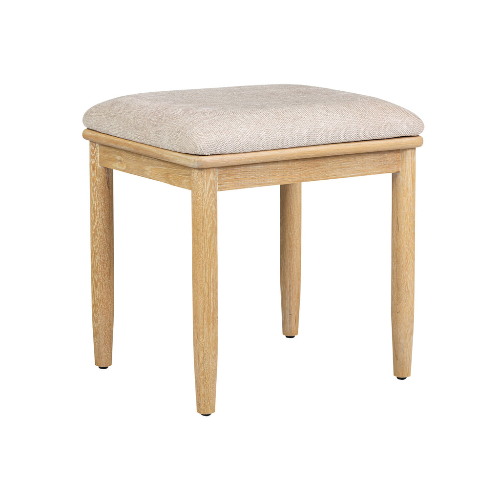 A square wooden stool with a light beige upholstered cushion on a white background.
