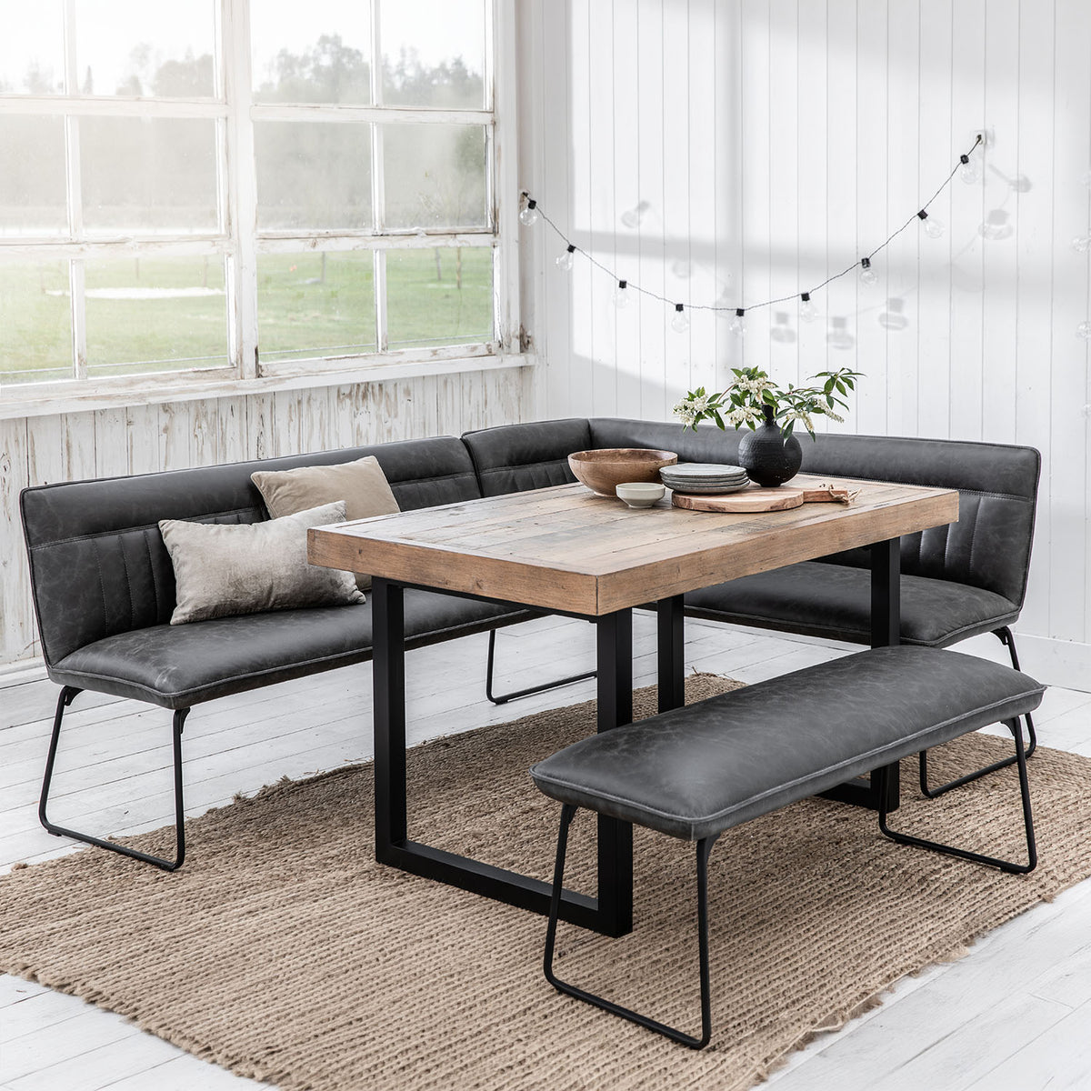 Adelaide 135cm Dining Table with Hardy Corner Bench LHF & Low Bench in Grey