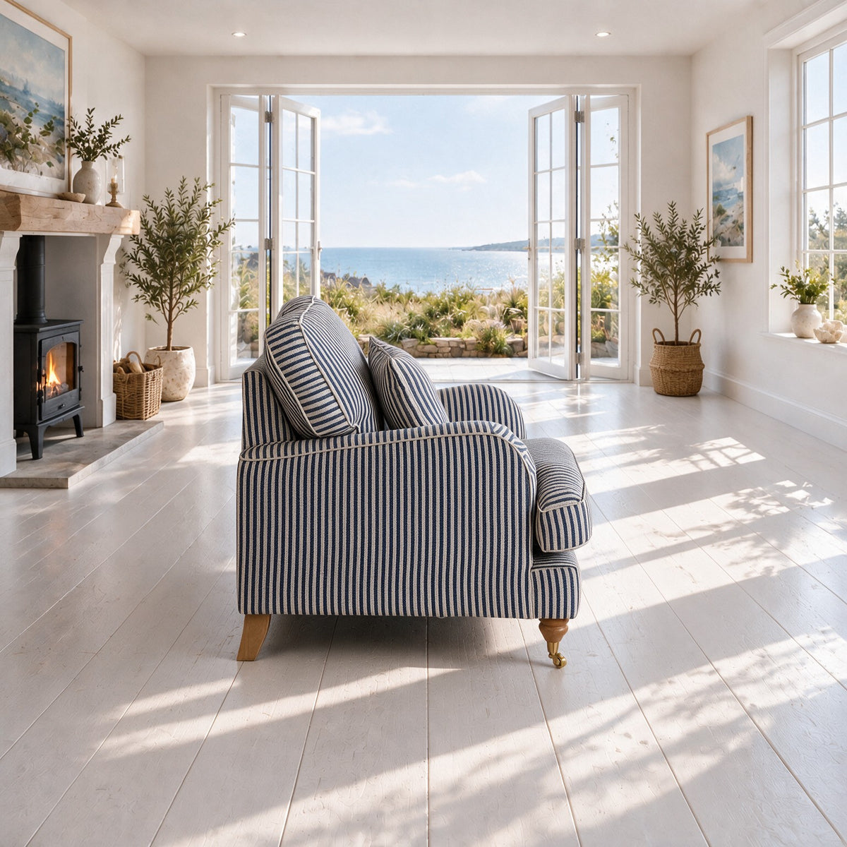 Eastbourne Armchair in Navy Stripe with Navy Stripe Cushions