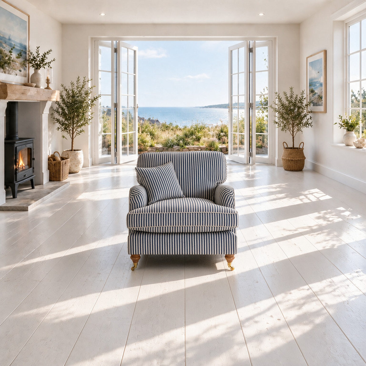 Eastbourne Armchair in Navy Stripe with Navy Stripe Cushions