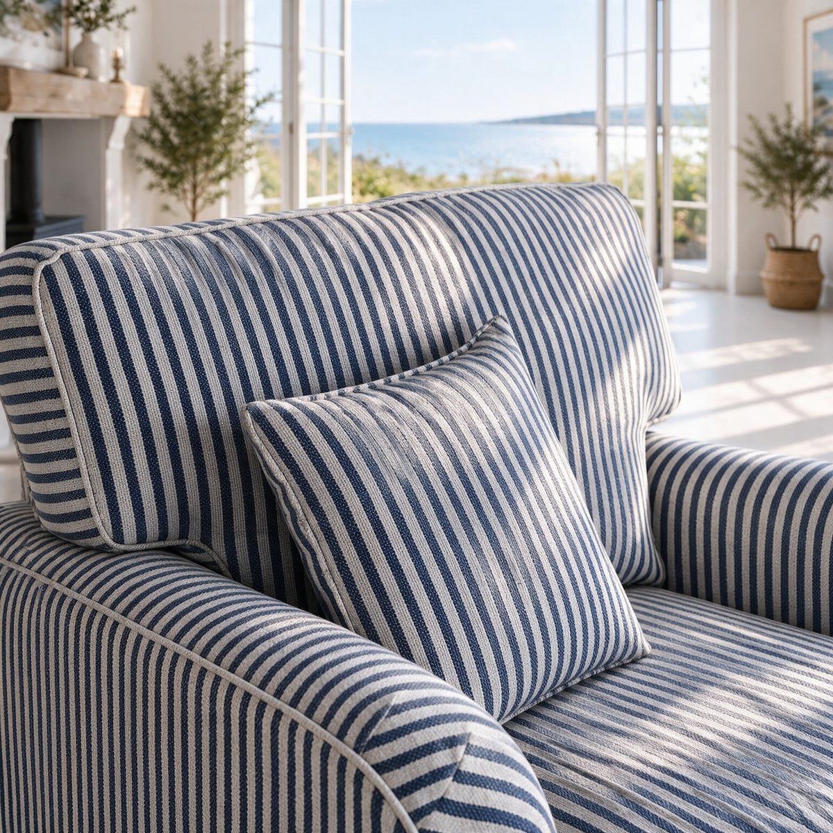 Eastbourne Armchair in Navy Stripe with Navy Stripe Cushions
