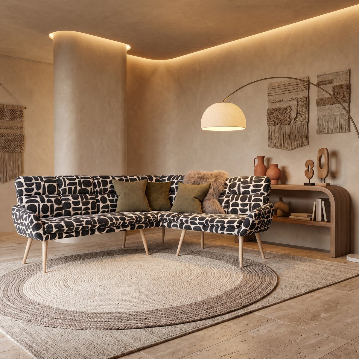 Sloane L-shaped corner bench in black and cream geometric pattern boucle style fabric on a round jute rug